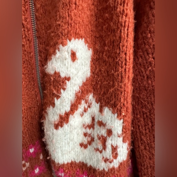 Anthropologie Maeve Rust Orange Knit Cardigan with Swans - Picture 6 of 6